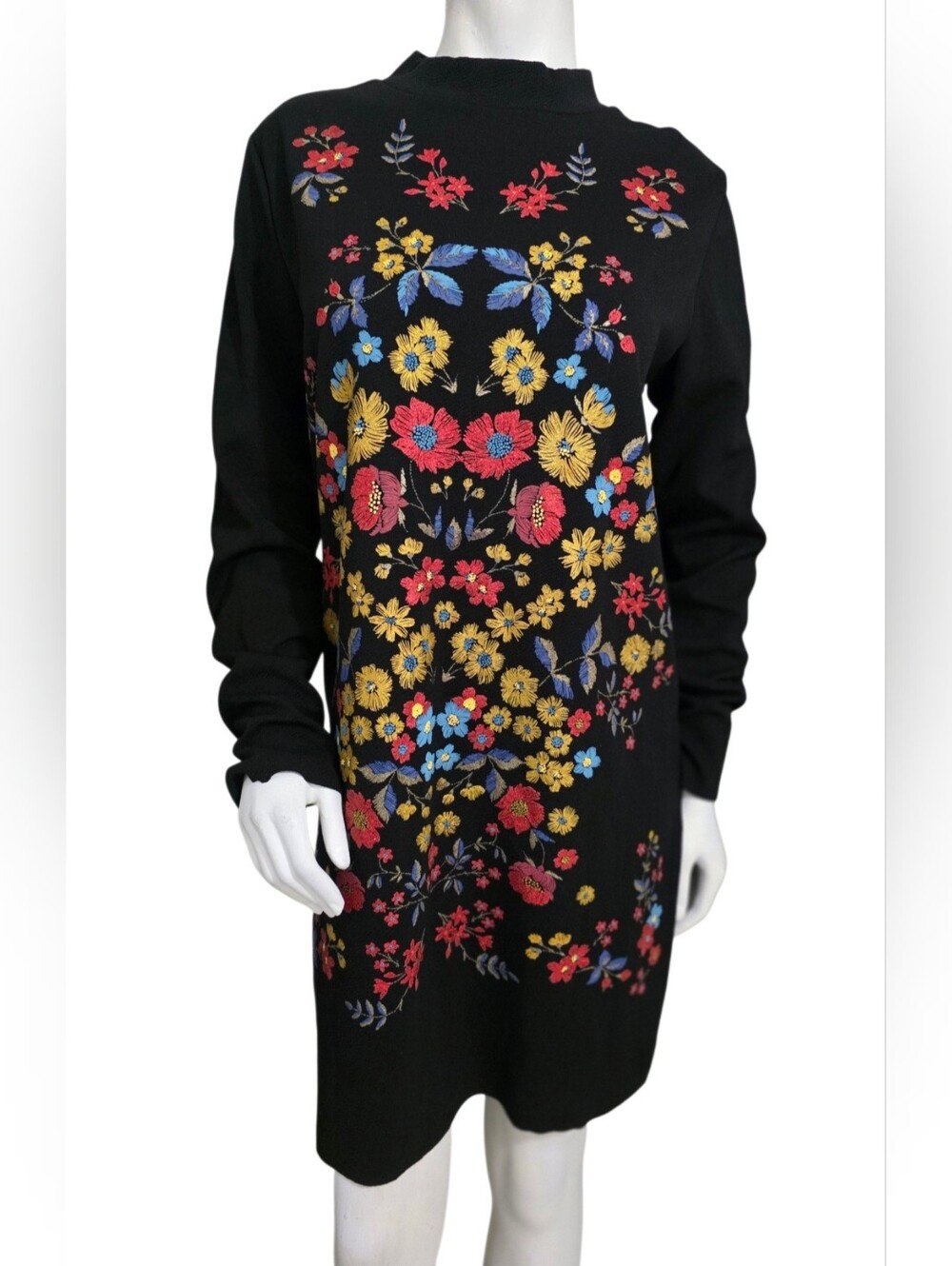 Zara Black Long-Sleeve Mini Dress with Multicolor Floral Embroidery Size L NWT - Picture 5 of 14